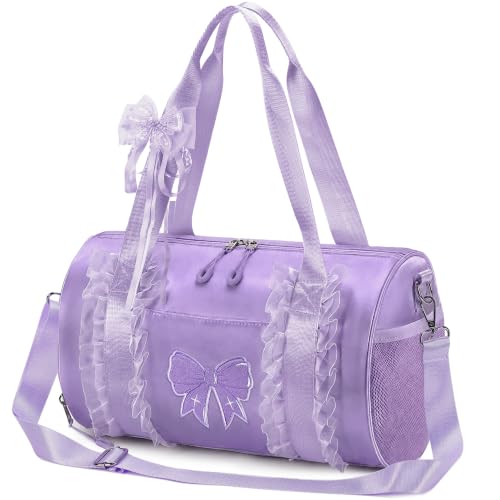Image of CAMTOP Girls Dance Duffle Bag with Shoe Compartment, Ballet Gymnastics Bag for Girls 4-6, Toddler Travel Overnight Sports Bag with Strap, Cute Ballerina Gift (Purple)
