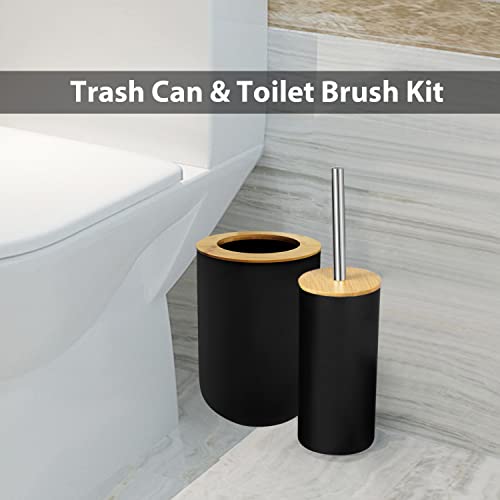 Ikaufen 6Pcs Bathroom Accessories Set, Bathroom Decor, Plastic & Bamboo Bath Ensemble Kit With Lotion Dispenser, Toothbrush Holder, Toothbrush Cup, Soap Dish, Toilet Brush & Holder, Trash Can, Black #TOP2
