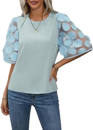 SKAYS WomenS Half Polka Dot Sheer Mesh Sleeve Top Solid Loose Cute Summer Blouse Shirt Tops Dressy Casual Babyblue L