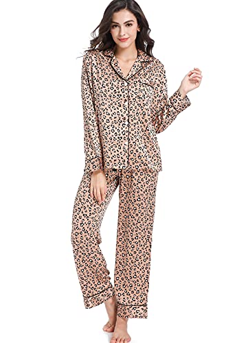 Image of Serenedelicacy Women's Satin Pajama Set Long Sleeve Button Down Sleepwear 2-Piece Silky Pj Set