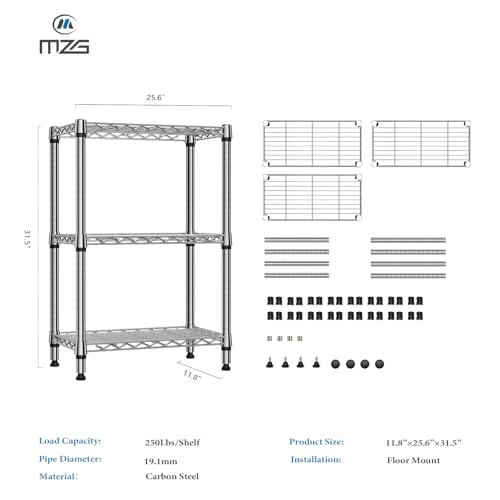 Image of M MZG 750 lbs 3 Tier Shelf Metal Storage Shelves Wire Rack Closet Organizers for Garage Kitchen Bathroom Laundry Chrome 11.8 inch D x 25.6 inch W x 31.5 inch H