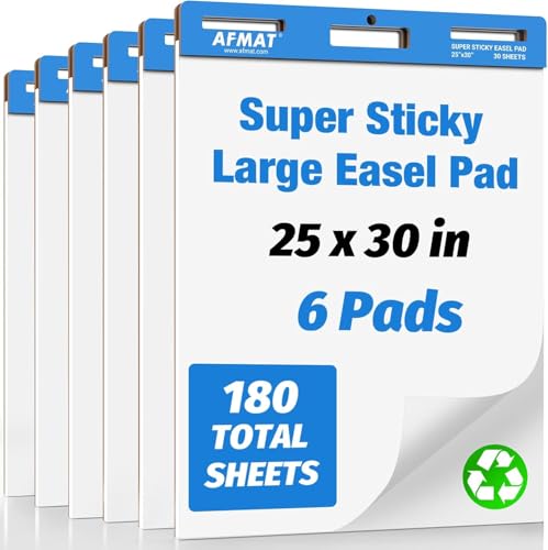AFMAT Sticky Easel Pads, 25 in x 30 in Chart Paper for Teachers, Ink Bleed-Through Resistant Flip Chart Paper for Office/Classroom/Whiteboard/Wall, Large Self Stick Easel Paper, 30 Sheets/Pad, 6 Pads by AFMAT - Used condition - US$72.04