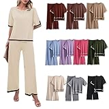 👚【MERKMALE】Dieses Zweiteiler Freizeitanzug zeichnet sich durch ein elegantes Kontrastfarbendesign und ein Seitenschlitzdesign am Saum aus, kombiniert mit einem kurzärmeligen Strickpullover und einer Hose mit hohem Bund und weitem Bein, die die Körperproportionen optimieren und schlanker machen, während sie Komfort bewahren. Oberteil: Kurze Ärmel, Rundhalsausschnitt. Hose: Weites Bein, lange Hose, die den einzigartigen Charme moderner Stadtfrauen präsentiert.