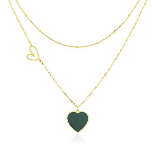 Linawe Collar de corazón verde, collar de corazón con colgante, collar de oro para mujer, collar de acero inoxidable, joyas doradas, cadena en capas, cadena chapada en oro con colgante