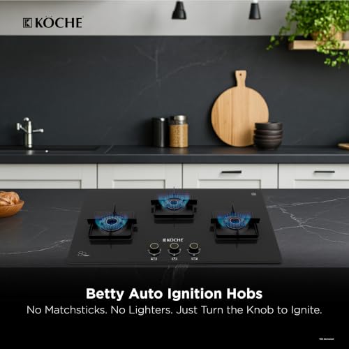 Image of KOCHE BETTY 3 Burner Built-In Gas Hob 77cm Auto Ignition | Hob /Cooktop Hybrid | High Power Brass Burners Gas Stove | Cast Iron Pan Support | Metal Knobs | Black Toughened Glass | 5 Years Warranty