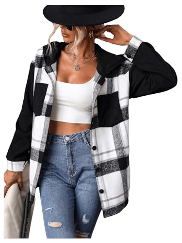 Verdusa Women's Plaid Jacket Color Block Checkered Hooded Long Sleeve Drop Shoulder Button Down Jacket Outwear