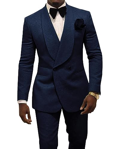 Men's Two Piece Shawl Lapel Suit Jacquard Tuxedo for Wedding Daily Business Blazer Pant Set Navy Blue 6XL