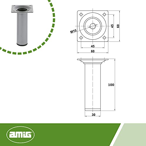 amig Round Table Leg 30 x 100 mm Silver Steel, Multicoloured, diameter 30 x 100 mm - Image 4