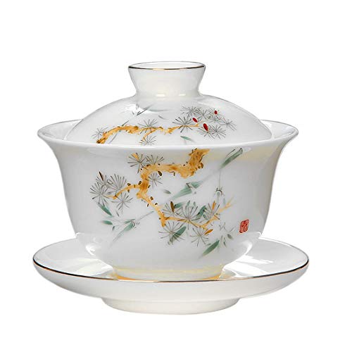Ameolela Chinese Traditional Teaware Jingdezhen Handmade Porcelain Tea Cup Gaiwan Kungfu Tea bowl with Lid and Saucer - 5oz/150ml