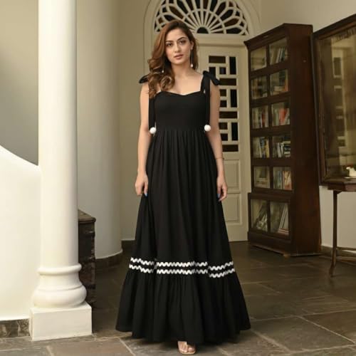 Image of Women's Elegant Long Maxi Gown with Shoulder Ribbon Tie-Up, Stylish & Trendy - Fit and Flare Sleeveless Square Neckline Western Dress, Casual Dress for Women