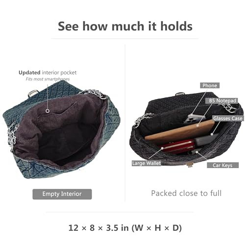 Image of M-ioi-M Quilted Denim Purse, Shoulder Bag for Women, Crossbody Flap Tote Bag,Silver Chain Hobo Bag, Vintage Washed Jean Purse