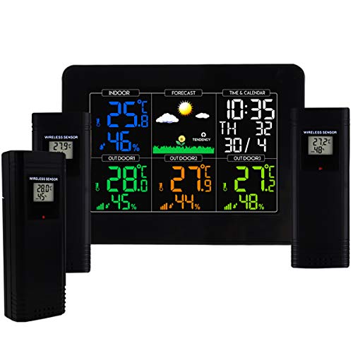 TEKCOPLUS Station météo numérique multifonction avec écran LCD couleur professionnelle sans fil