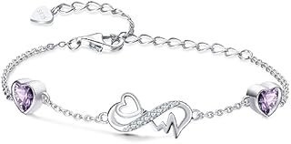 Qings Infinity Heart Birthstone Bracelet 925 Sterling Silver Adjustable ECG Heartbeat 2 Birthstones Bracelets with Sparkling Cubic Zirconia Chain Bracelet, Pretty Birthday Jewelry Gift for Women Girls