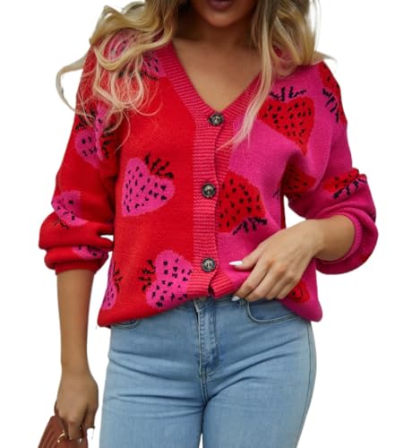 Women's Cute Strawberry Graphic Cardigan Sweaters Button Down Color Block Knit Jacket Trendy Y2K Aesthetic Preppy Clothes