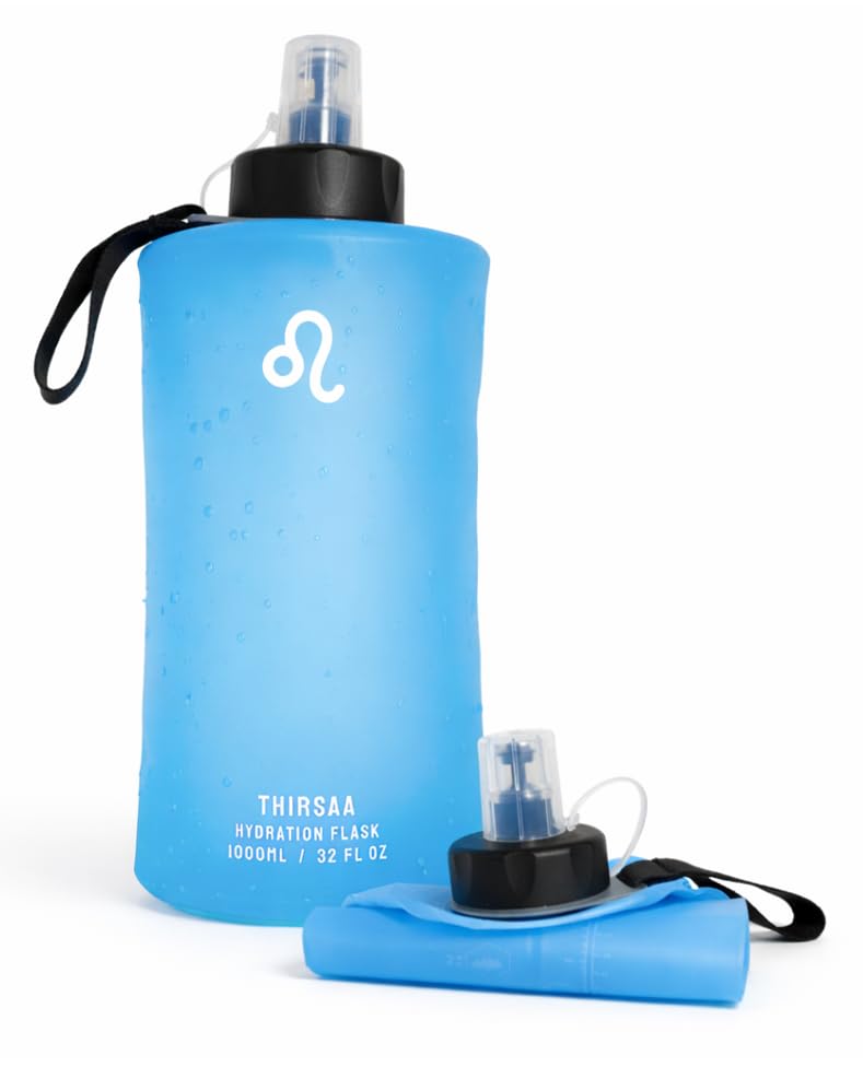 Thirsaa Collapsible 1L Soft Flask Water Bottle – Leak-Proof, BPA FREE Hydration Bottle with Roll Up Design for Running, Hiking, Cycling or Travelling (1, Blue)