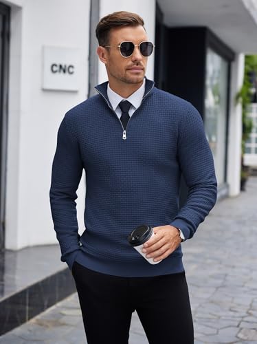 Image of COOFANDY Mens Quarter Zip Sweater Slim Fit Mock Neck Long Sleeve Pullovers