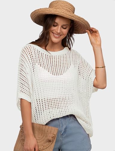 UEU Womens Summer Tops Crochet Short Sleeve Mesh Knit Sweater Shirts Beach Swimsuit Swim Cover Ups 2025 Trendy Outfits3