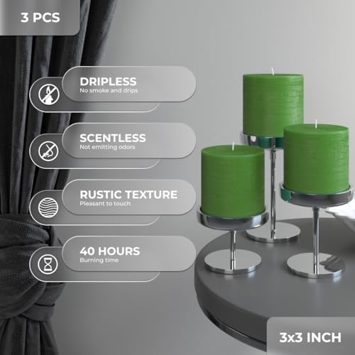 CANDWAX 7.6x7.6 cm Green Pillar Candles Set of 3, Rustic Unscented Smokeless Dripless Pillars - Image 2