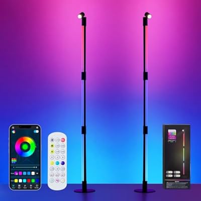 SANBEN Corner Floor Lamp - 2 Pack Black RGB LED Floor Lamp with Music Sync and 16 Million DIY Colors, App & Remote Control, Color Changing Modern Smart Corner Lamp for Bedroom Living Room