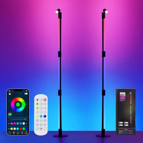 SANBEN(サンベン) コーナーフロアランプ - 2個パック ブラック RGB LED フロアランプ 音楽同期 1600万色 DIYカラー アプリ&リモコン付き 色が変わるモダンなスマートコーナーランプ 寝室 リビングルーム用（Amazon）