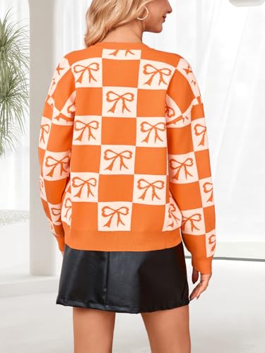 Bow Checkered Cardigan for Women Fall Open Front Chunky Knit Sweaters Crew Neck Button Down Jackets2