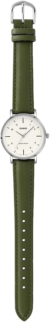 Casio LTP-VT03L-3B Women's Minimalistic Green Leather Band Beige Concave-Shaped Dial 3-Hand Analog Watch