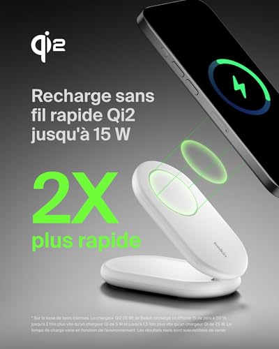 Belkin BoostCharge Socle de Recharge Qi2 (Chargeur Pliable, Compatible MagSafe, 15 W, pour modèles de l'iPhone 16, 15, 14, 13, Chargeur Compatible Standy, Adaptateur Secteur Inclus, Blanc)