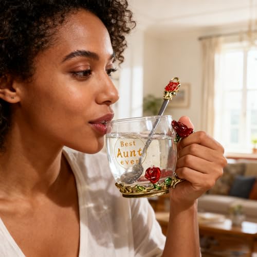 Image of Flower Teacup, (With Spoon + Lid), Fancy Tea Cups, Flower Tea Cup, Gifts for Women,Mother's Day Present，Gift Box. (Aunt, 12 oz)