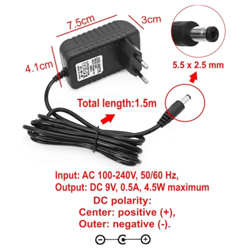 JZK 9V 0,5A 500mA Netzteil, AC/DC-Adapter, 4,5W Wandladegerät, mit DC 5,5 x 2,5 mm Stecker
