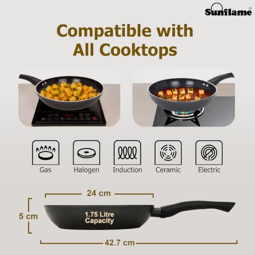 Image of Sunflame Ceramic Non-Stick Fry Pan 24 cm with Glass Lid | No PFOA, PFAS, PTFE | Induction and Gas Stove Compatible | 2 Year Warranty by Sunflame | Requires Less Oil, Easy to Clean, Prevents Burning