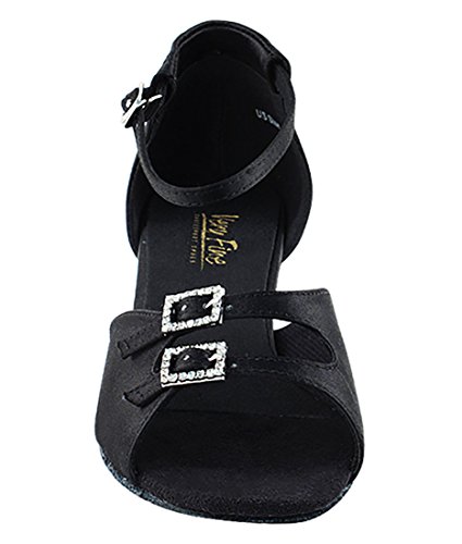 Very Fine Dance Shoes - Ladies Latin, Rhythm, Salsa Ballroom Dance Shoes - 1620-1.3-inch Heel and Foldable Brush Bundle - Black Satin - 103