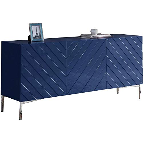 Meridian Furniture Collette Collection Modern | Contemporary Sideboard Buffet, Rich Chrome Stainless Steel Base, Navy Laquer Finish, 64" W X 18" D X 31" H, Cabinet #TOP5