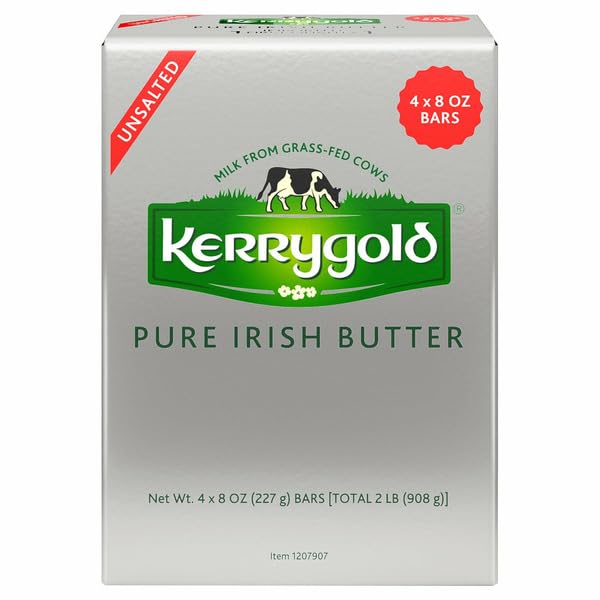 Pure Irish Butter, Unsalted, 8 oz, 4-count, Unsalted sweet cream butter; Milk from grass-fed cows; 8 oz bar, CULTURED PASTEURIZED CREAM.