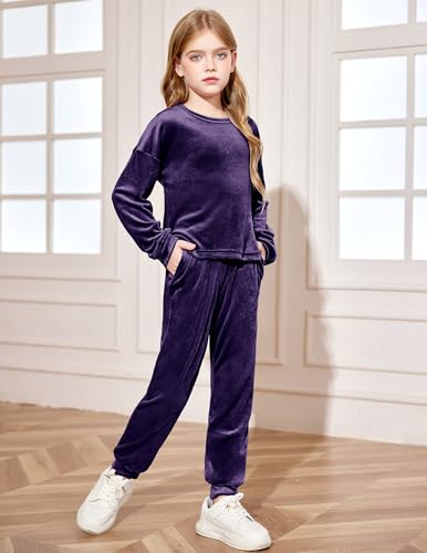 Arshiner Girls 2 Piece Outfit Sweatsuits Set Kids Velour Sweatshirts & Sweatpants Tracksuits Set for Girls3