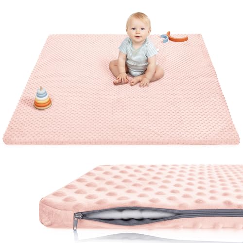 Baby Floor Play Mat for Playpen, Extra Thick 50x50 Inches Padded Mat with Ultra Soft 3D Minky Dot & Removable Washable Cover, Non-Slip & Safe for Crawling,Tummy Time,Infant/Toddler (Pink)