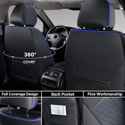 Image of Coverado Tacoma Seat Covers Full Set, Faux Leather Seat Covers Custom Fit for 2005-2015 Toyota Tacoma Double /Crew Cab Base Prerunner SR5 Limited TRD Sport Interior Covers (Blue Line)
