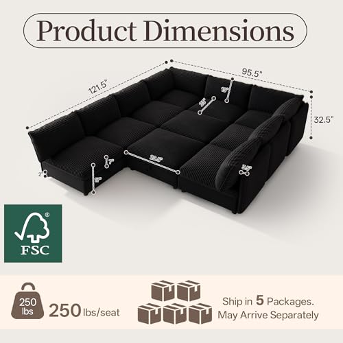 Image of Oversized Corduroy Modular Sectional Sofa Bed with Hidden Storage, Convertible L U Sleeper Couch, Modular Sofa 10 Seat Free Combination with Ottoman & Removable Covers for Living Room, Black