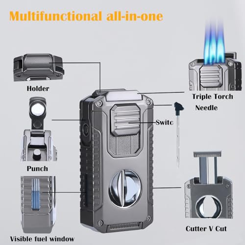 Vrufamt Refillable Butane Torch Lighter with Built-in Holder and 3 Jet Flame - All-in-1 Tool for Men (Butane not Included) - Image 5