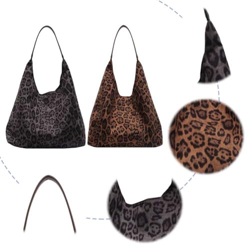 Women Suede Large Tote Bag Leopard Print Shoulder Bag Hobo Bag for Work (Brown)