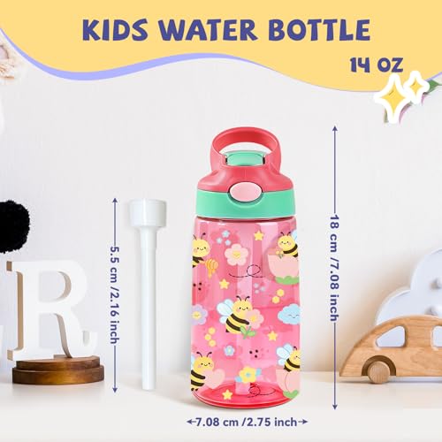 Image of 14oz Pink Bee Water Bottle with Straw - Lightweight Leakproof Floral Bottle for Teen Girls, School & Travel, Transparent Spring Garden Design, Cute Easter Birthday Gift
