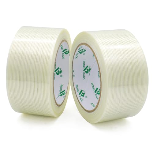La mejor selección de Moños y cintas los mejores 10. 47 BOMEI PACK 2 Paquetes de Cinta de Fleje de Filamento Mono, 1.88 Pulgada x 30 Yardas, Cinta de Fibra de Vidrio Reforzada Transparente para Trabajo Pesado