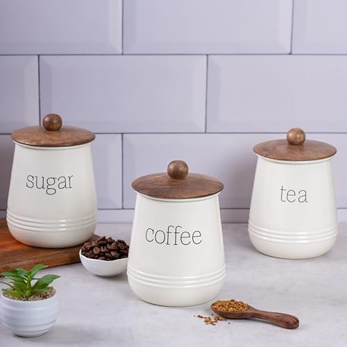 Image of Metallure Home Stylish Airtight Container Set | Sugar Tea Coffee Container Set of 3 | Metal and Wood Lid Canister for Kitchen Storage | Food-Safe Jar Set for Kitchen (Cream)