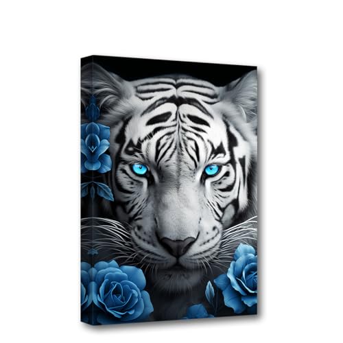 Tableau tigre noir et blanc impression toile portrait animal yeux bleus cadre CXHOSTENT