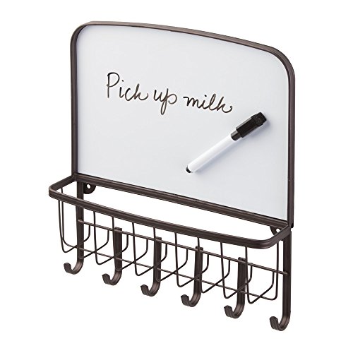 InterDesign York Lyra Dry Erase Board, Mail Holder and Key Rack Organizer – Wall Mounted Letter Shelf and Key Hooks, Bronze
