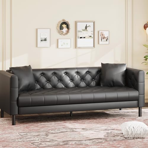 Garvee 81 Inch Leather Couch for Living Room, Modern Leather Sofa with Deep Seat, Handmade Button Tufted 3 Seater Sofa, Chesterfield Couch for Apartment, Office, Black - Thumbnail 2