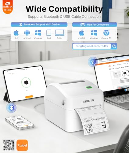 Image of Rongta Bluetooth Thermal Shipping Label Printer with 4x6 Thermal Labels, Fanfold Shipping Label 220 Sheets