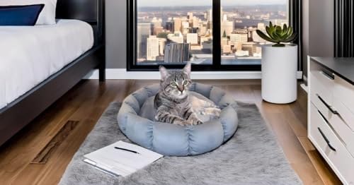 Image of Calming Dog & Cat Bed |Small Size Bed| Length 19 Inches, Width 19 Inches, Height 5 Inches | Extra Soft Fluffy Donut Cuddler | Cozy Plush Anti-Anxiety Cushion for Comfortable Sleep (Grey)