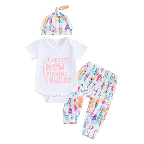 Youweixiong Newborn Baby Boy Girl Summer Clothes Short Sleeve Daddy's New Fishing Buddy Top Fish Pants Hat 3Pcs Coming Home Outfit (Pink, 3-6 Months)