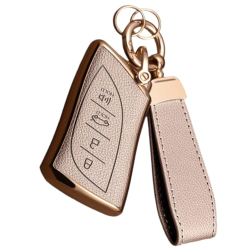 WiiLemz Key Fob Cover for Lexus with Key Chain Upper Leather + Soft TPU Key Cover Case Shell for ES350 ES300h UX200 RX350 RX450h NX300h GX460 TX550 LX600 LS500 LC500h 4 Buttons (Rose Gold)