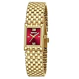BOFAN Gold Watches for Women Luxury Ladies Quartz Wrist Watch with Stainless Steel Bracelet,Waterproof,Casual Fashion Square Red Dial.Band Adjustment Tool Included